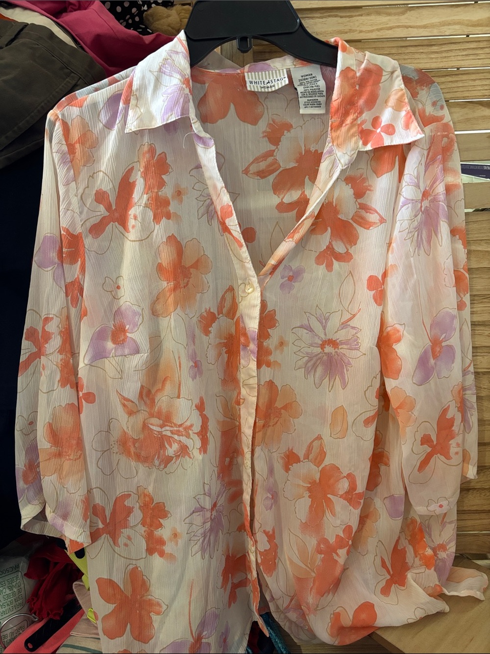 White Stag Sheer Floral Button-Down Blouse in Coral and Lilac 2X